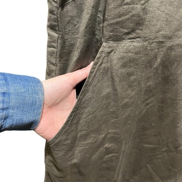 GUDRUN SJODEN ~ Olive Green Linen Tank Dress with Asymmetric Hem - Picture 4 of 11